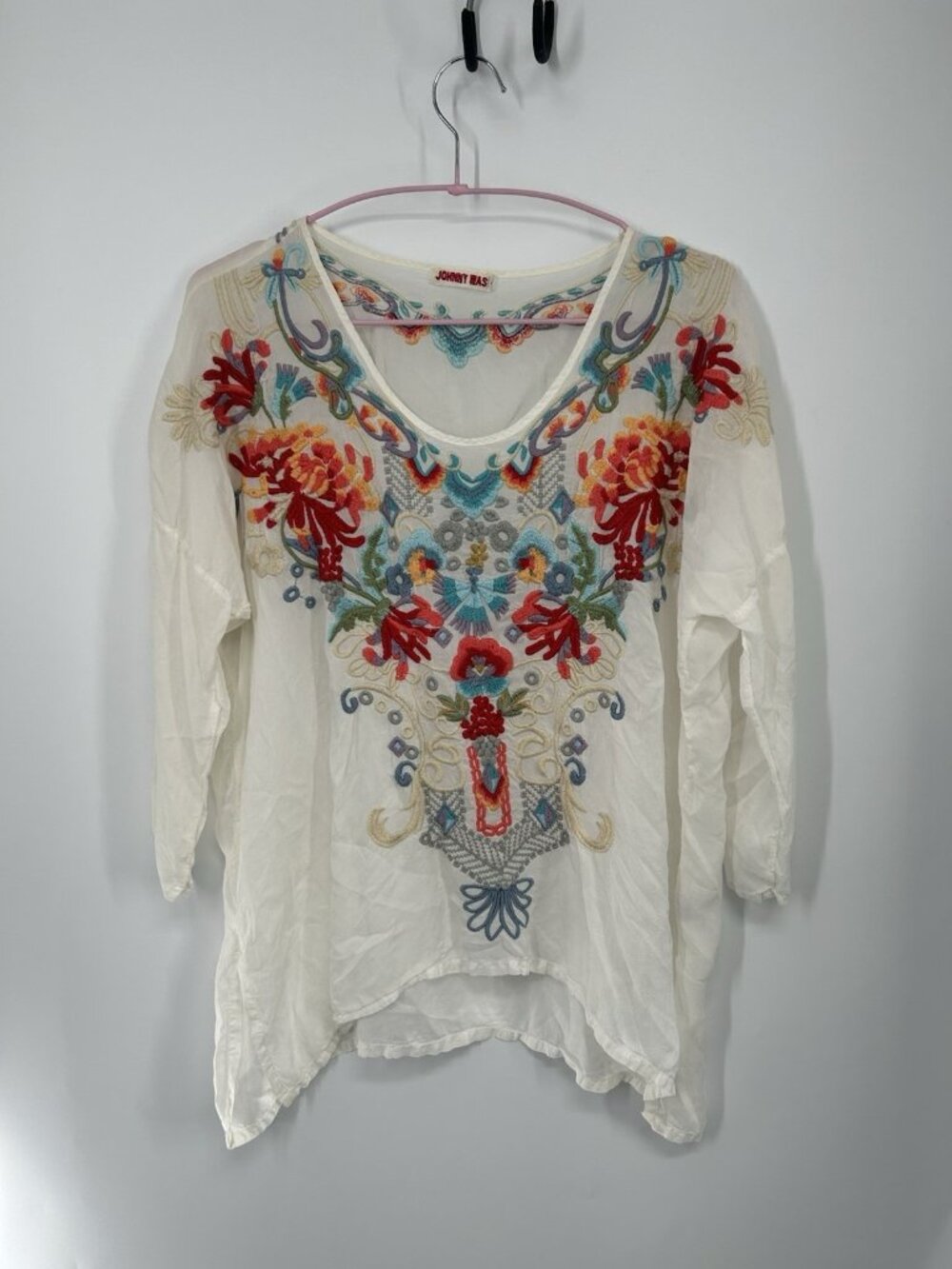 Johnny Was Embroidered Floral Top Tunic Small 3/4 Sleeve Sheer